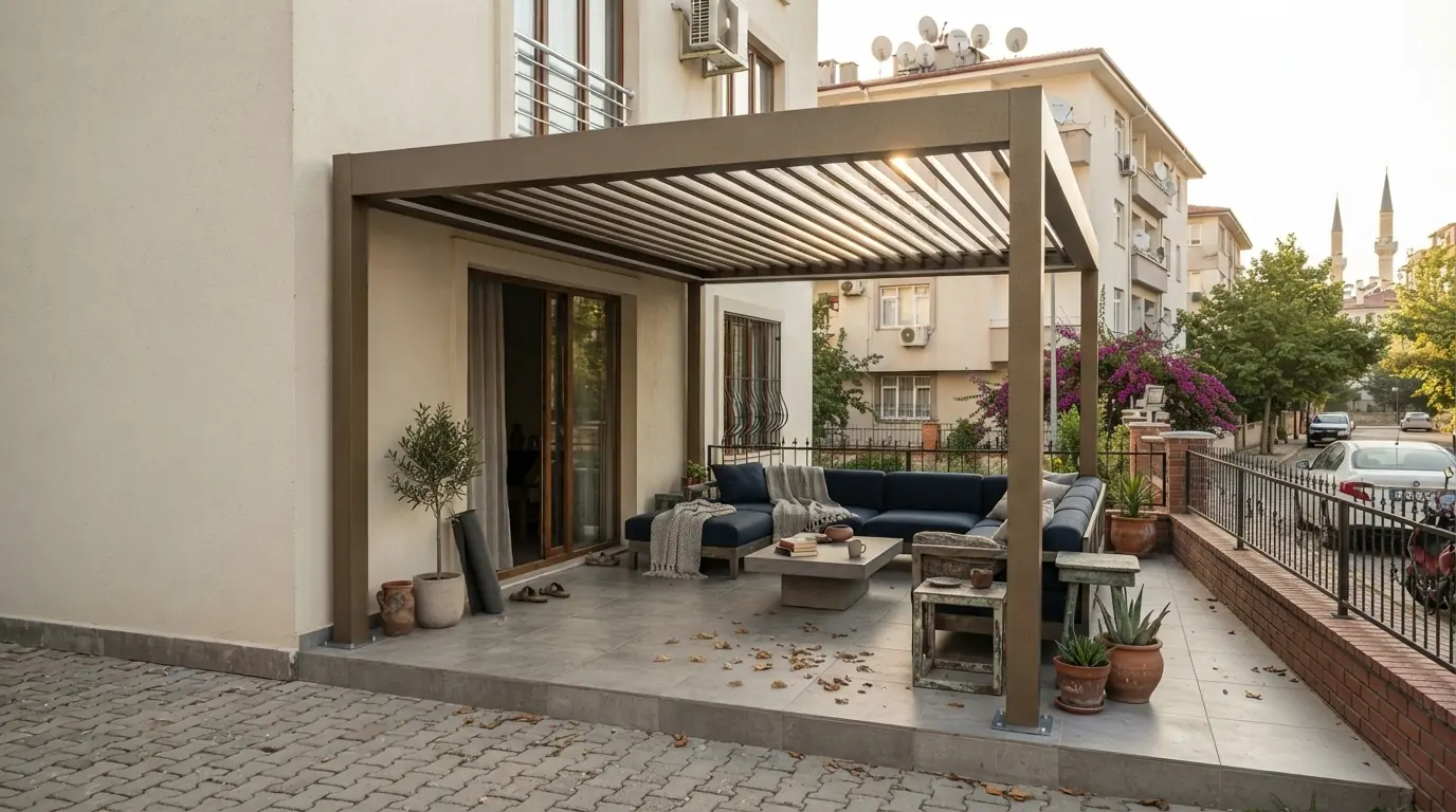 Teras üzerinde yarı açık konumdaki bioklimatik pergola lamelleri