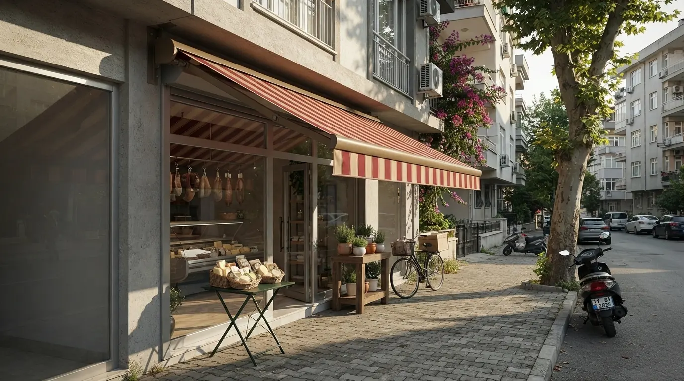 Bayraklı’da bir dükkân cephesine uygulanmış çizgili kumaşlı mafsallı tente