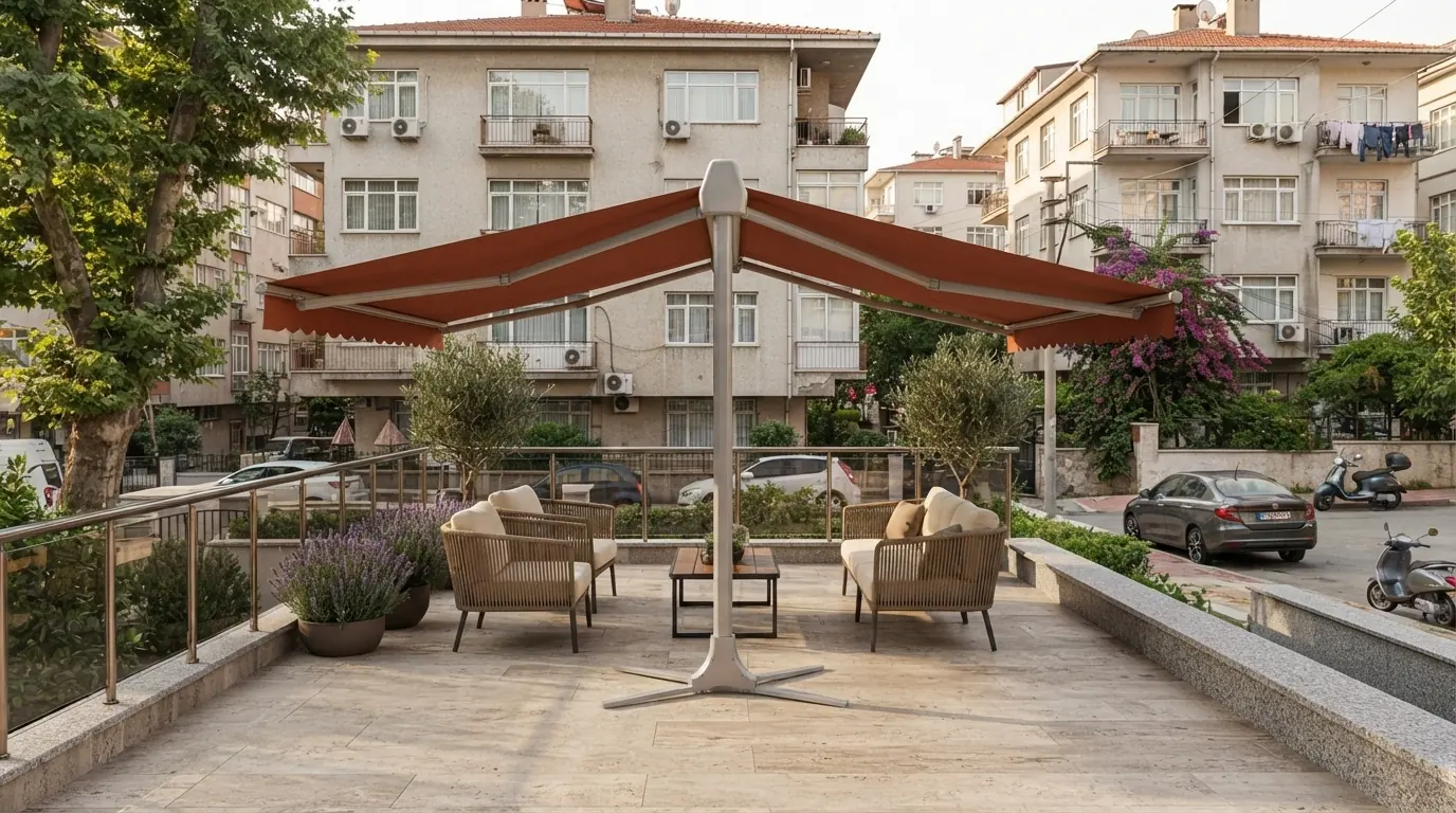 Teras üzerinde kiremit rengi tek ayaklı T model tente