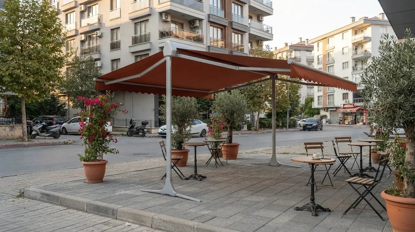 Bayraklı’da kurulmuş tente ve pergola sistemlerinden bir görünüm