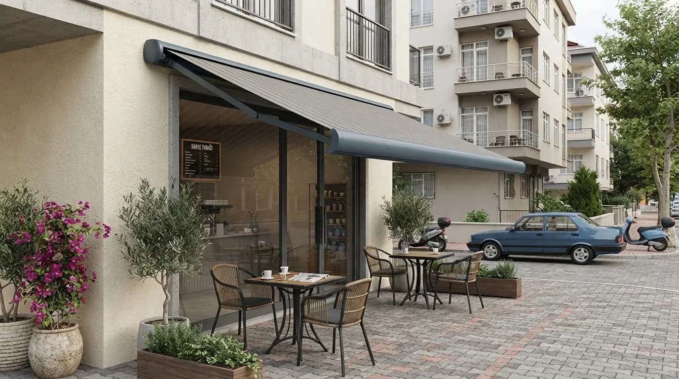 Bayraklı’da bir kafe cephesine uygulanmış tente ve kaldırım oturma alanı
