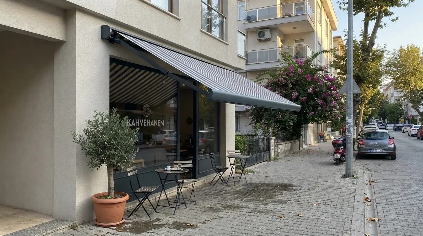 Kafe cephesinde açık konumda çalışan kasetli tente ve kaldırım oturma alanı