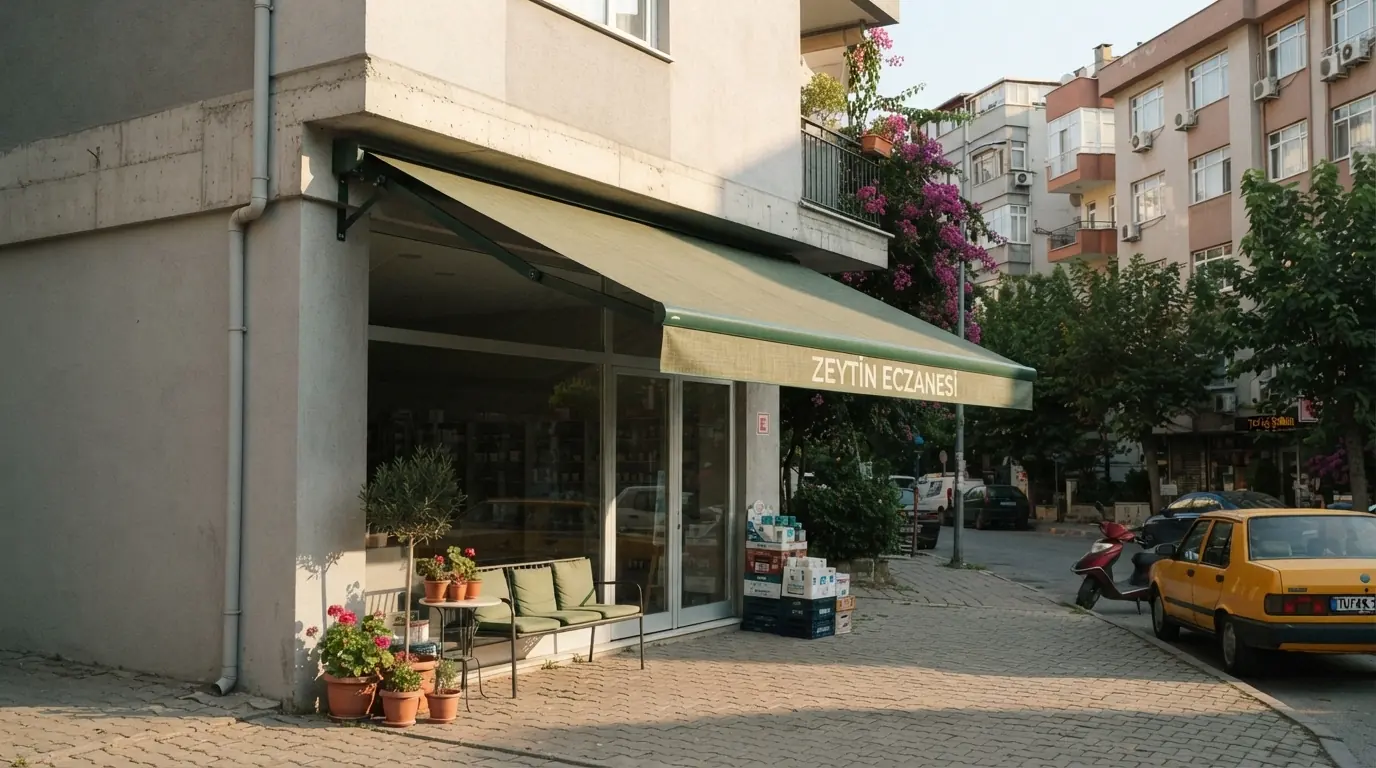 Market cephesinde eğim verilmiş mafsallı tente ve kaldırım alanı