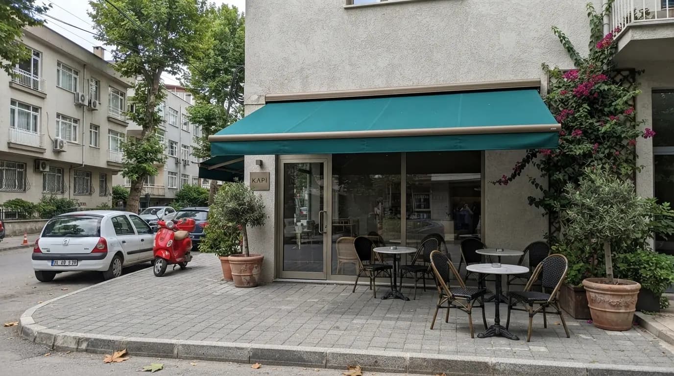 Dükkân cephesinde çizgili kumaşlı mafsallı tente