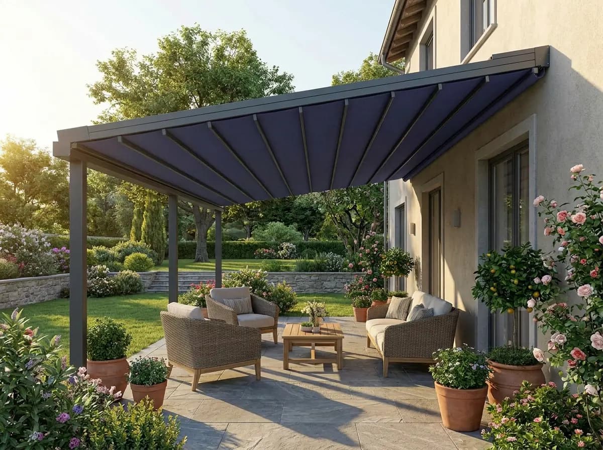 Kafe dış mekânında kumandalı otomatik pergola ve oturma düzeni