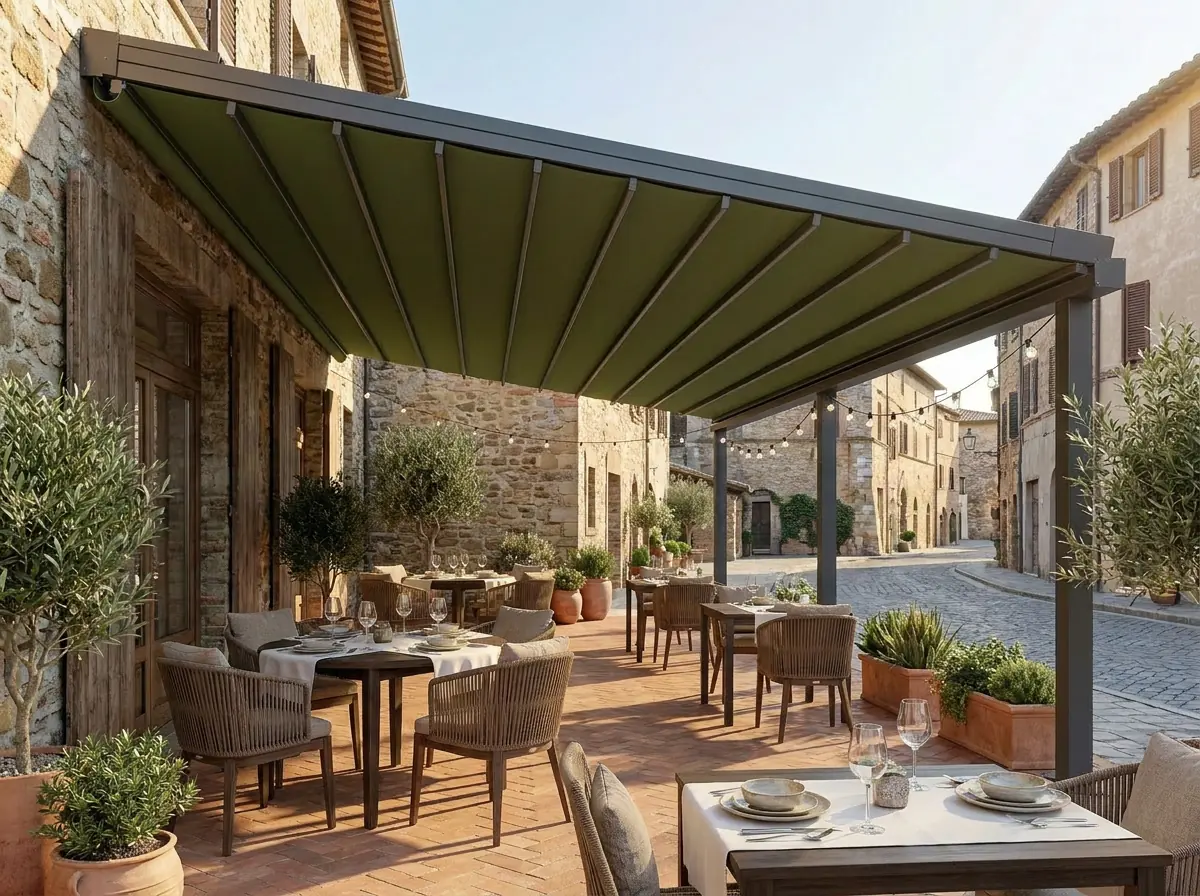 Taş bina önünde kumaşlı otomatik pergola ile gölgelendirilmiş kafe alanı