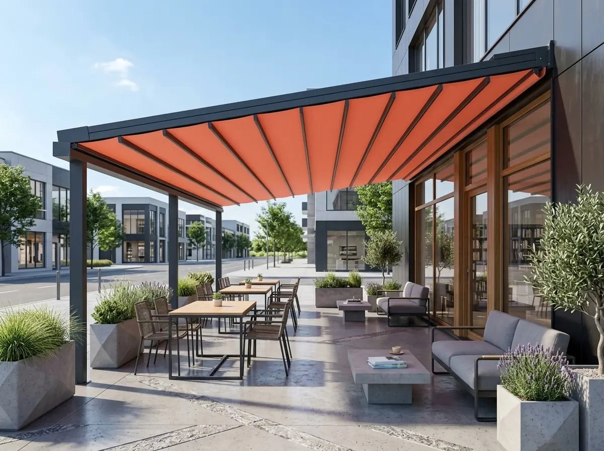 Teras üzerinde turuncu kumaşlı otomatik pergola ve masa düzeni
