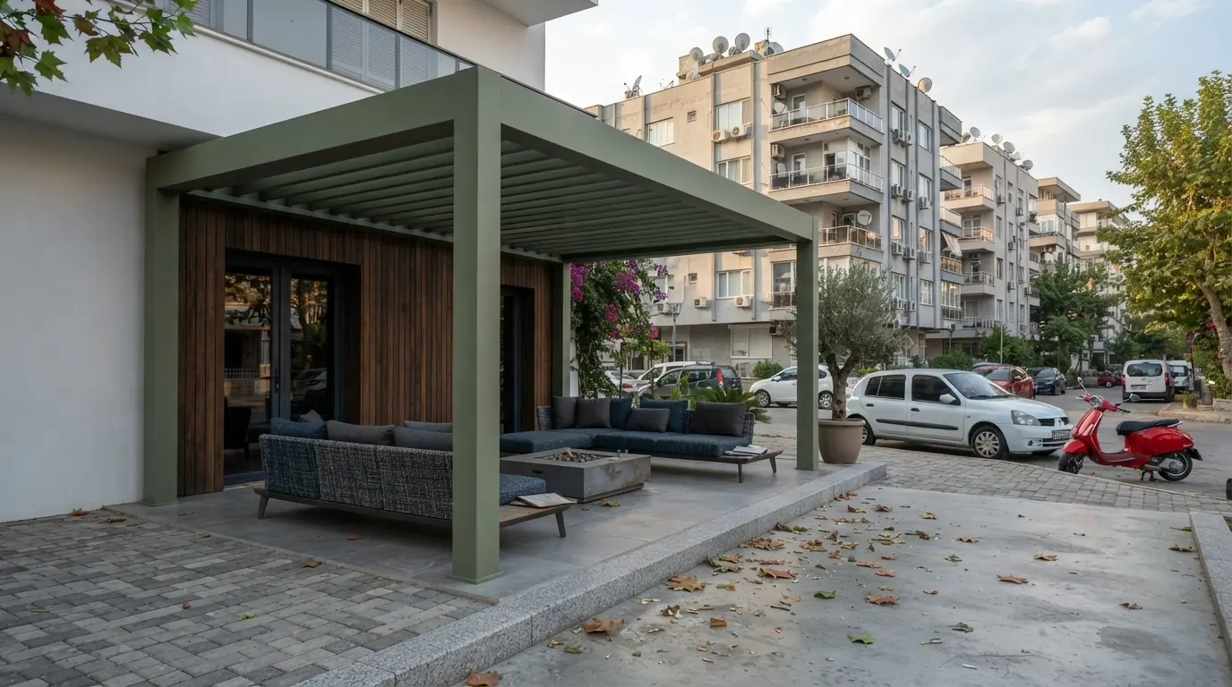 Bina cephesine bitişik kurulmuş rollingroof pergola ve dış oturma alanı