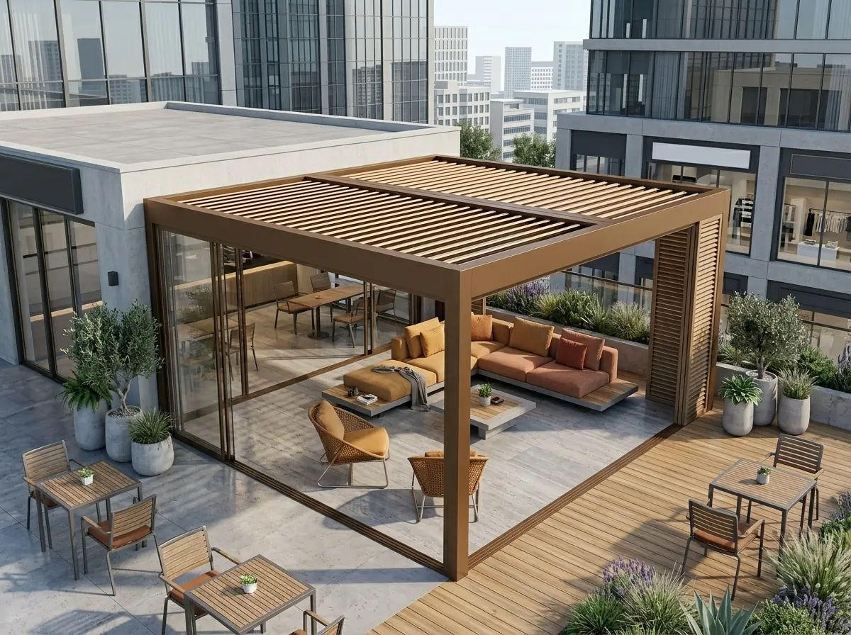 İşletme terasında geniş açıklıklı rollingroof pergola uygulaması