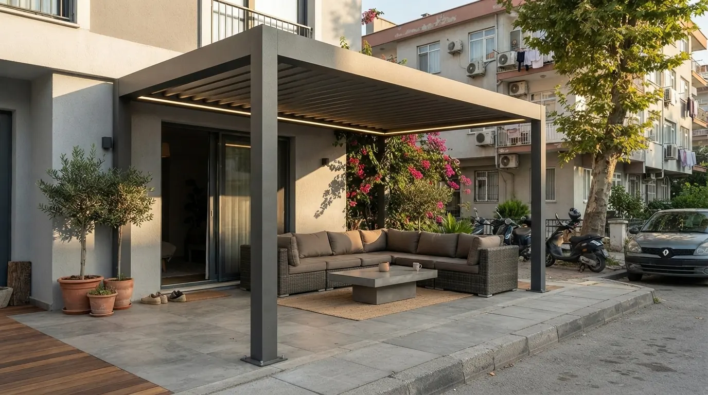 Restoran bahçesinde geniş açıklıklı rollingroof pergola