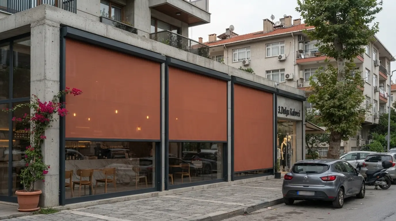 İşletme cephesinde kiremit rengi screen kumaşlı motorlu zip perde