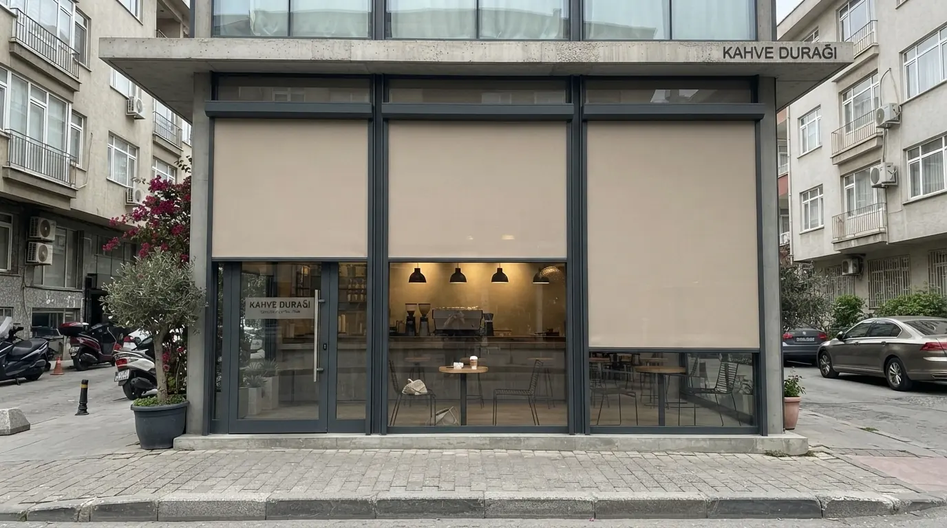 Kafe cephesinde yan kapatma olarak kullanılan screen kumaşlı zip perde