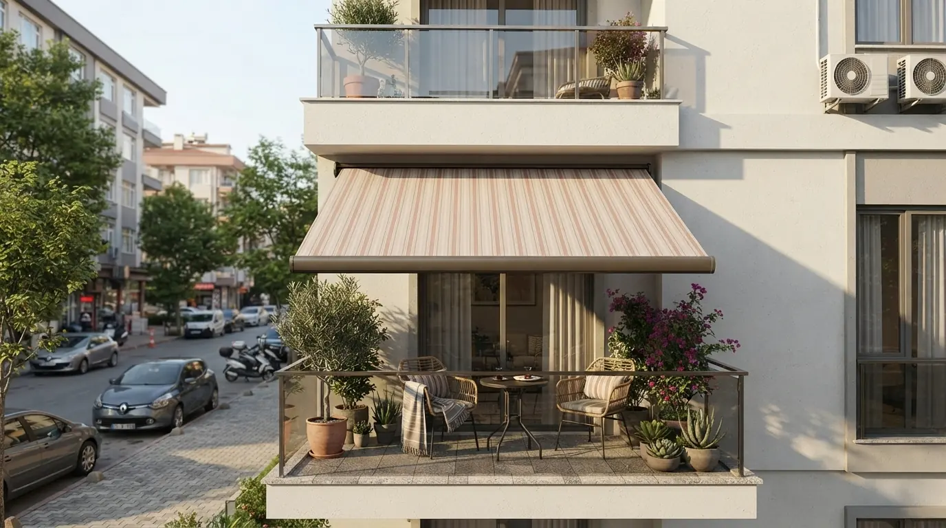 Bir apartman balkonuna uygulanmış çizgili kumaşlı kasetli tente